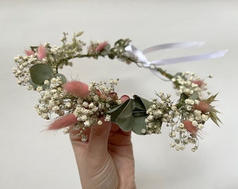 Rustic Flower Crown // Dried Eucalyptus Gypsophila Wreath // Bride Bridesmaid Flower Girl Halo Adjustable // Wedding Birthday Baptism