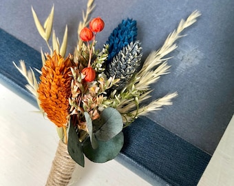 Burnt Orange Navy Blue Dried Flower Buttonhole for Groom/ Groomsmen Wedding Flowers