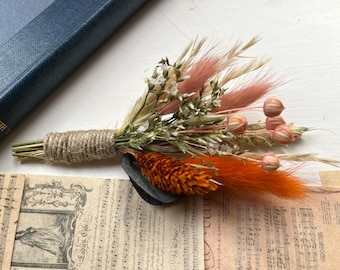 Burnt Orange Blush Sage Green Dried Flower Buttonhole for Groom/ Groomsmen Wedding Flowers
