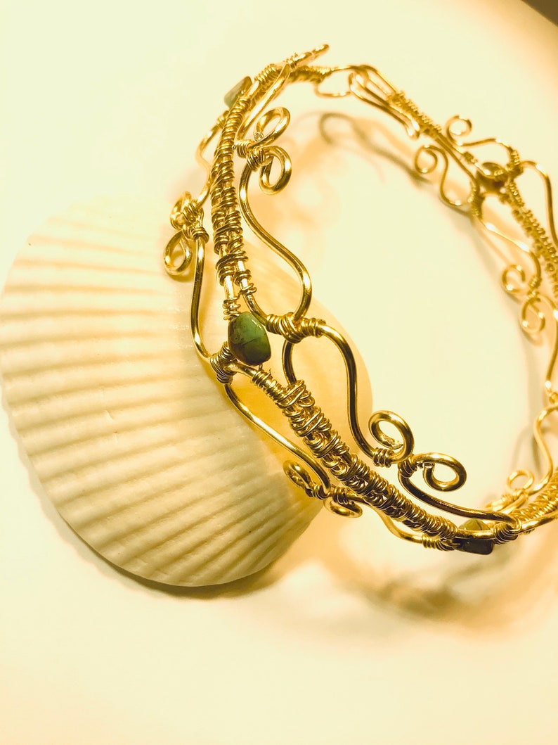 Gold Victorian Style Wire Wrap Bracelet with Picasso Pistachio Pinch Beads image 2