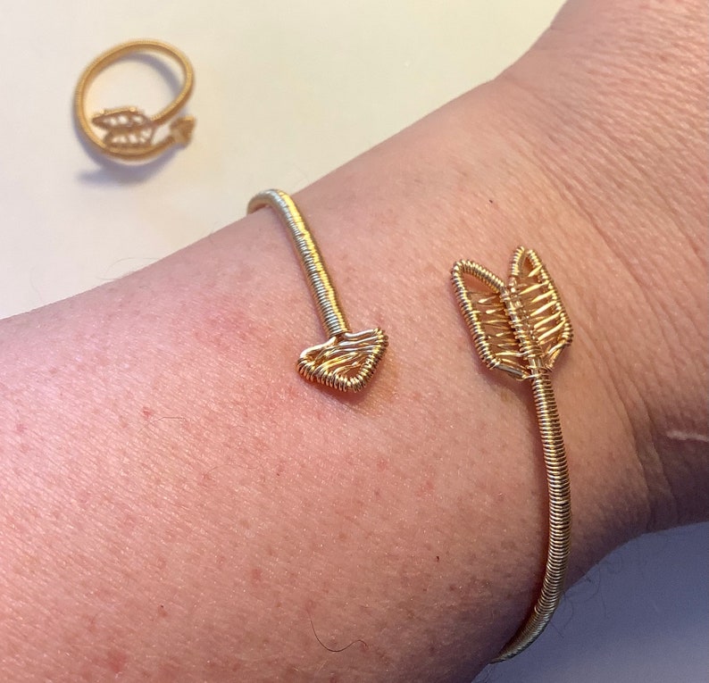 Gold Wire Wrapped Valentine Arrow Bracelet and Ring Set