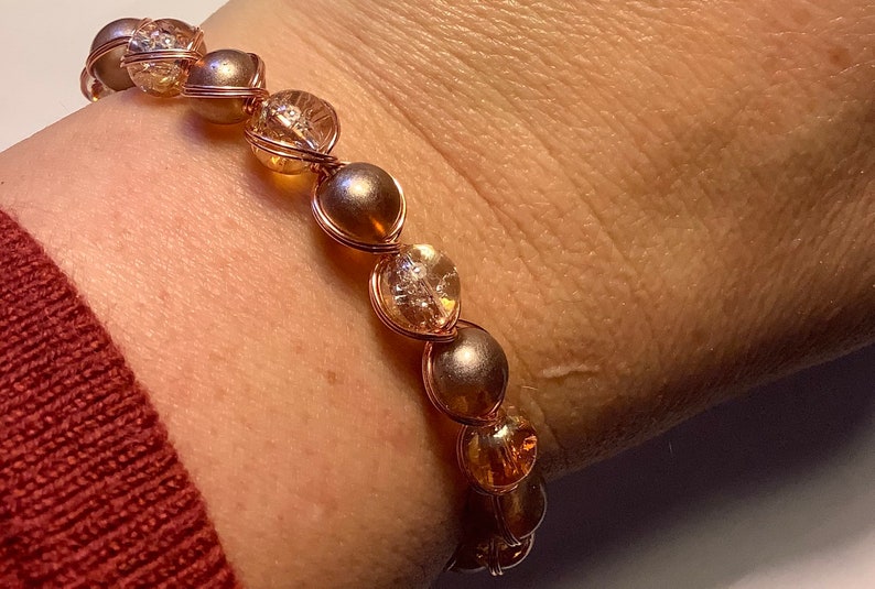 Copper Wire Wrap Bracelet with Frosted Brown and Sparkly Amber Beads