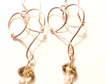 Rose gold Wire Heart Earrings with Clear Crystal Rondelle Bead and Faux White pearl
