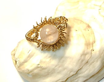 Gold Wire Wrap Rose Quartz Sun Ring Adjustable Ring