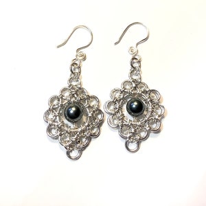 Silver Chainmaille Flower Earrings with Swarovski Tahitian Pearl image 1