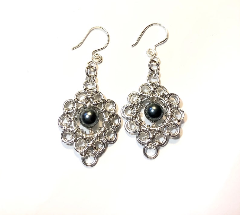 Silver Chainmaille Flower Earrings with Swarovski Tahitian Pearl image 1