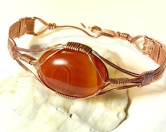 Wire wrap Copper Cuff Bracelet with Orange Agate Gemstone