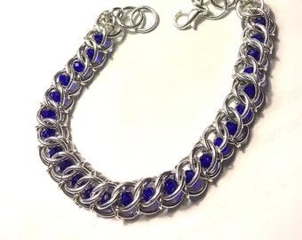 Silver Half Persian Chainmaille Bracelet with Blue Violet Crystal Beads