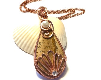 Copper Wire Wrapped Teardrop Picture Jasper Pendant with Scallop Shell Design