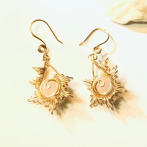 Gold Wire Wrap Sun Burst Earrings with Rose Quartz Bead