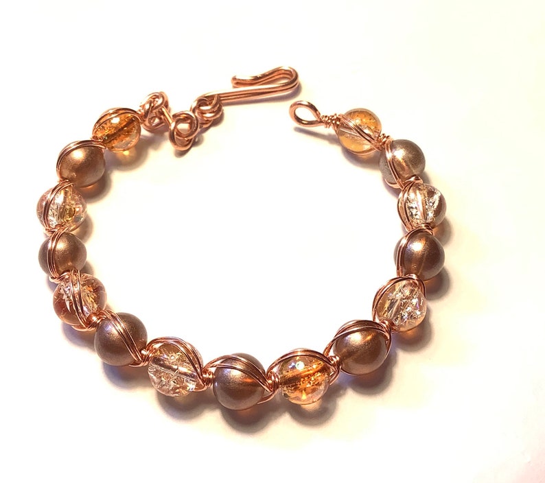Copper Wire Wrap Bracelet with Frosted Brown and Sparkly Amber Beads