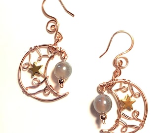 Copper Crescent Moon Earrings with Opalite Moondust Round Bead
