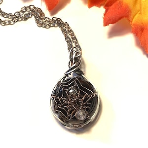 Wire Wrap Black Onyx Stone Spider Pendant Oxidized Silver and Copper