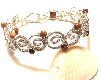 Silver Wire wrap Swirly Circles Bracelet with Brown Jasper Beads