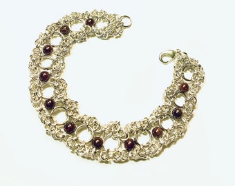 Silver Double Byzantine Chainmaille Bracelet with Round Garnet Gemstone Beads