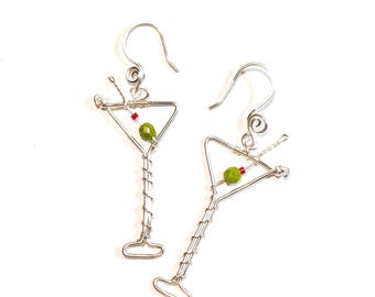 Martini Glass Earrings Silver or Gold with Necklace Choice and Espresso Martini