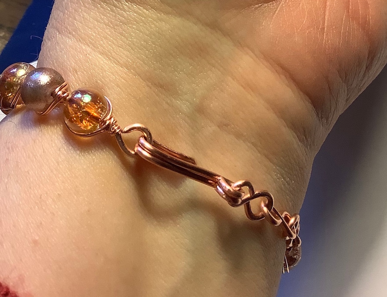 Copper Wire Wrap Bracelet with Frosted Brown and Sparkly Amber Beads