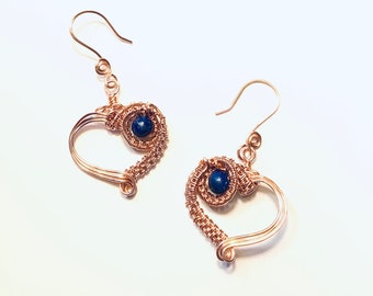 Copper Wire Woven Heart Earrings with Blue Lapis Lazuli Beads