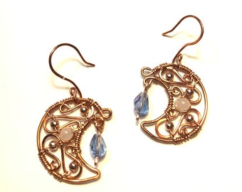 Antique Copper Crescent Moon Earrings Wire Wrapped with Blue Teardrop Crystal