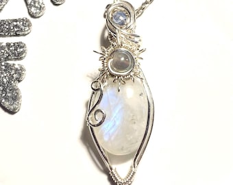 Silver Wire Wrapped Moonstone Snowflake Pendant Necklace