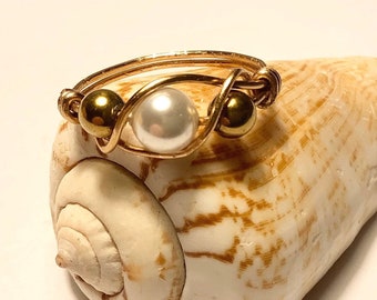 Gold Ring with White Swarovski Pearl and Gold Hematite Beads