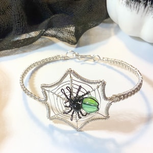 Silver Wire Woven SpiderWeb Bracelet with Black Spider with Iridescent Green Bead Halloween Bracelet