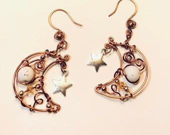 Copper Silver or Gold Crescent Moon & Star Earrings with Silver Star Charm and White Bead-  Boho Earrings