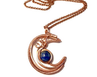 Copper Crescent Moon Pendant with Lapis Lazuli Cabochon