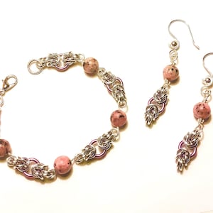 Silver Byzantine Chainmaille Bracelet and Earring Set with Orchid Sesame Jasper Beads and Lavender Rings