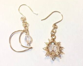 Gold or Silver Moon and Star or Moon and Sun Mismatched Earrings