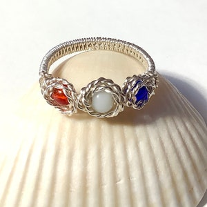Red White and Blue Wire Wrap Rosette Silver Ring With Variations