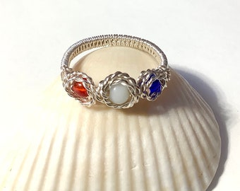 Silver Patriotic Wire Wrap Rosette Ring with Red White and Blue Beads