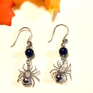 Silver Stainless Steel Spider Earrings with Black Tourmaline Bead