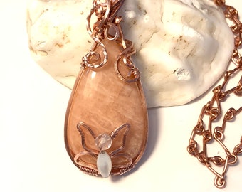 Peach Selenite Copper Wire Wrapped Butterfly Pendant