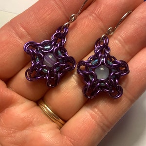 Purple Star Chainmaille Earrings with Purple Agate Gemstone Bead image 2