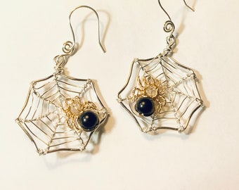 SpiderWeb with Spider Earrings - Gold Spider with Black Tourmaline Bead on Silver Web