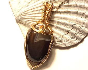 Gold wire wrapped Dark Brown GemStone Pendant