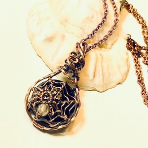 Copper Wire Wrap Black Onyx Stone Spider Pendant Oxidized