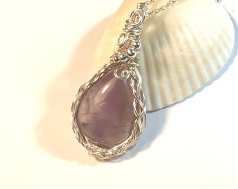 Silver Wire Wrap Teardrop Amethyst Pendant with Braided Edge