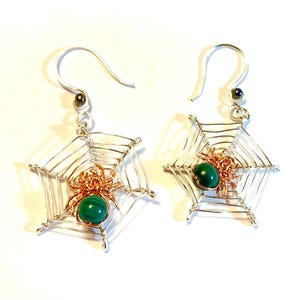 Silver Spider Web Earrings with a Copper Spider Malachite Bead Halloween Earrings