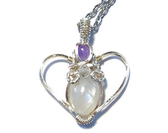 Silver heart pendant with Moonstone, amethyst and clear Quartz gemstones