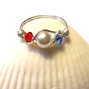 Silver Wire Wrapped Red White Blue Swarovski Bead Ring - Patriotic Ring - 4th of July Ring