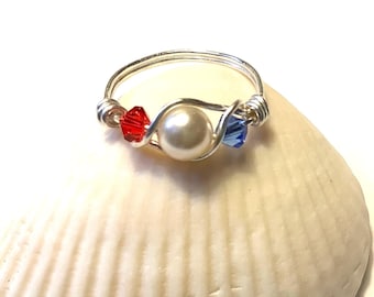 Silver Wire Wrapped Swarovski Bead Ring: Red White Blue Patriotic Ring 4th of July