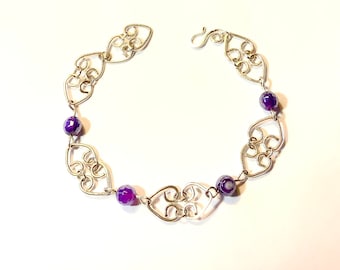 Silver Hearts Bracelet with Shiny Faceted Purple Agate Beads