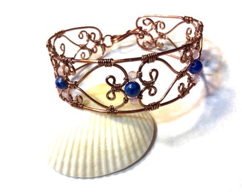 Wire wrap Antique Copper Heart Cuff Bracelet with Lapis Lazuli and Rose Quartz Beads 1” Wide Bracelet