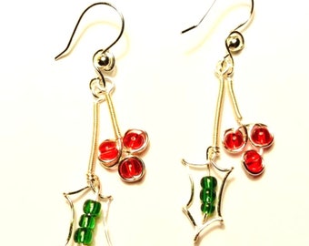 Silver Holly Berry Earrings , Red beads and Green seed beads - Copper Holly Berry Earrings