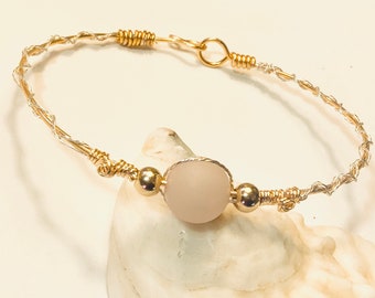 Gold and Silver Bangle Bracelet with Matte Rose Quartz Bead