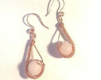 Rose Gold Teardrop Shape Wire Woven Rose Quartz Earrings