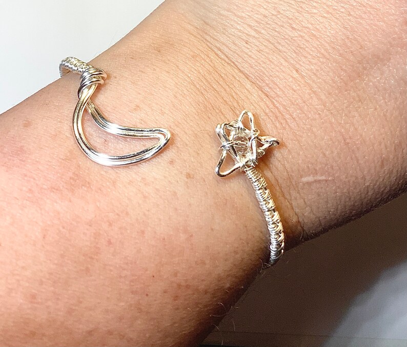 Silver Wire Wrap Crescent Moon and Star Bangle Bracelet Etsy