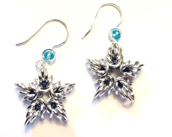 Silver Chainmaille Star/Snowflake Earrings with Earhooks with Crystal blue beads